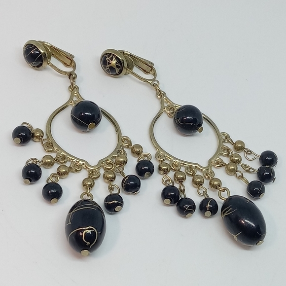 👍 5 for 20 vintage black & gold splatter beads dangle drop clip on earrings - Picture 1 of 3